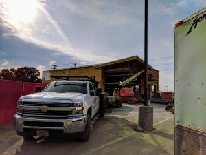 Building under construction and a truck in the frame