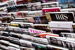 rack full of magazines