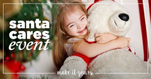 young girl with downsyndrome holding a white bear with santa ourfit