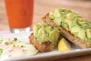 first watch: rectangular plate with avocado toast and eggs