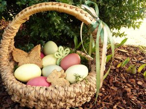 Egg Hunt: painted eggs in a light wicker basket