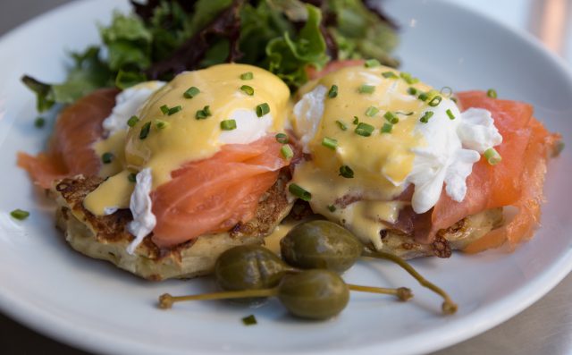 Brunch: eggs benedict with salmon