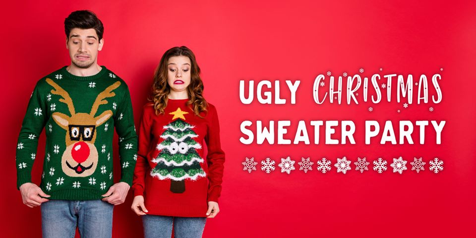 two people wearing ugly christmas sweaters with a red background